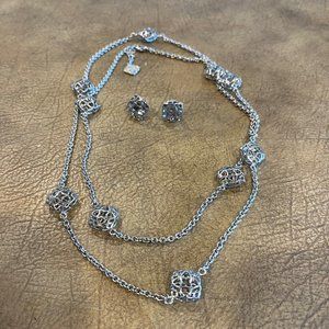 Kendra Scott Nemera Logo Long Necklace and matching Tima Earrings Silver